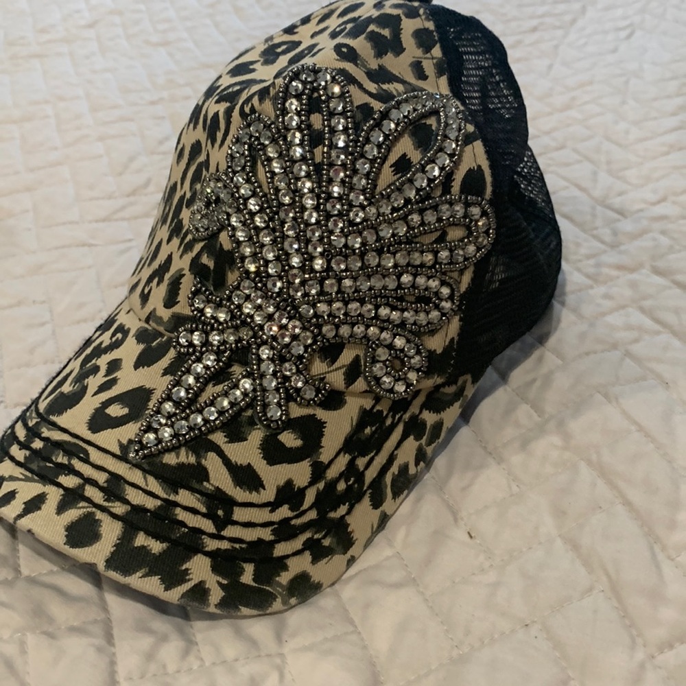 Olive and pique trucker hat. Leopard and jewels.